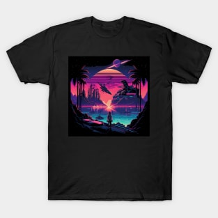 Synthwave cyberpunk woman looking at the sunset with mystery creature T-Shirt